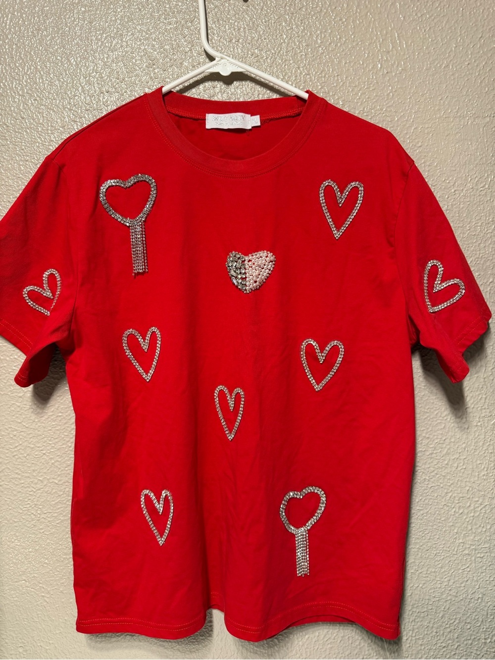 Embellished Red Short Sleeve Tee with Rhinestone Hearts